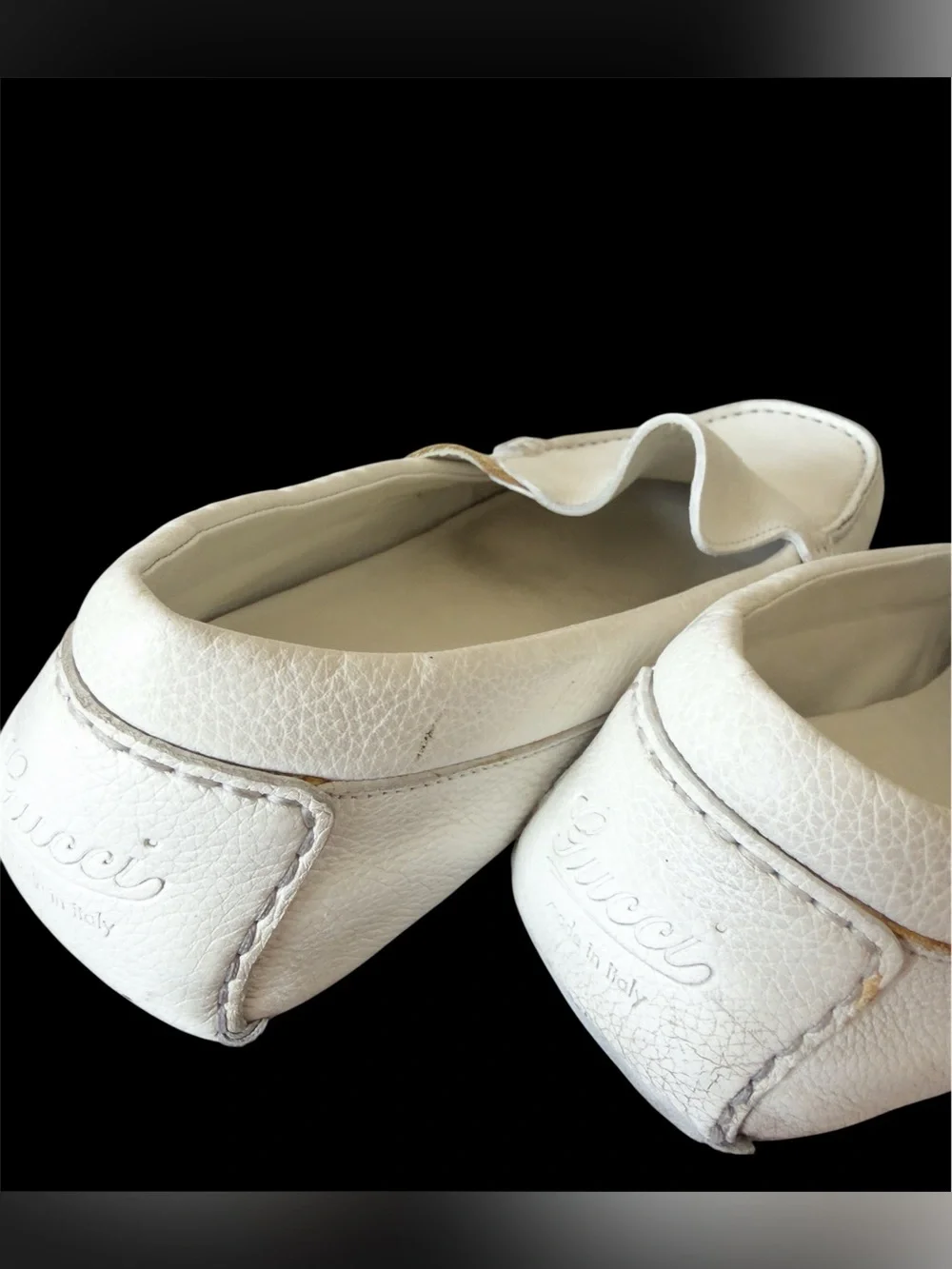 Vintage Gucci Men's White Leather Slip-On Loafers Sz 8.5 Quiet Luxury Summer